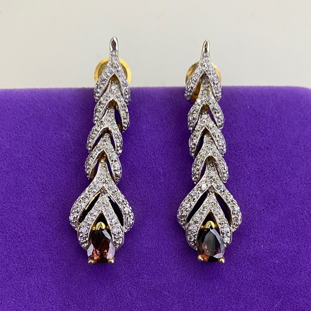 💛 Gold Plated White & Wine CZ Drop Earrings | Art Deco Inspired